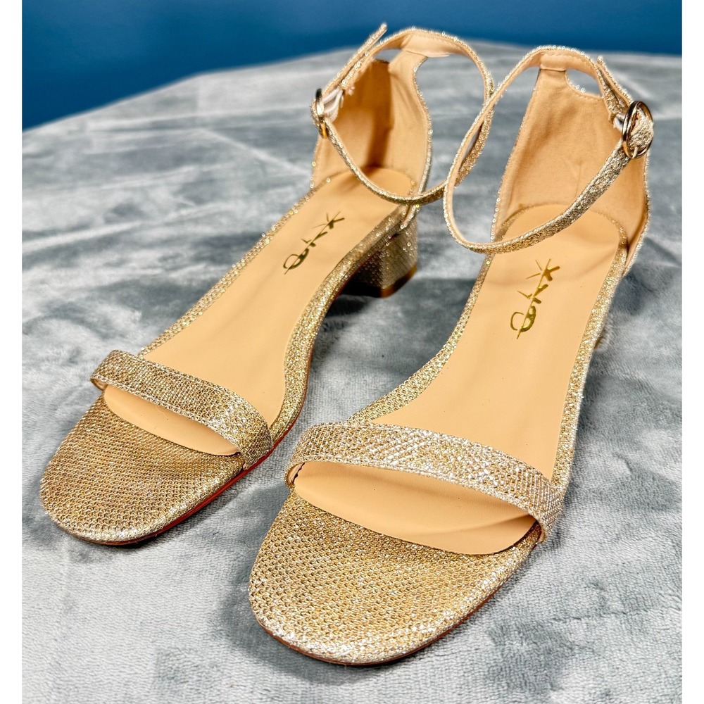 XYD Womens 8 Gold Glitter Ankle Strap Block Heel Sandals